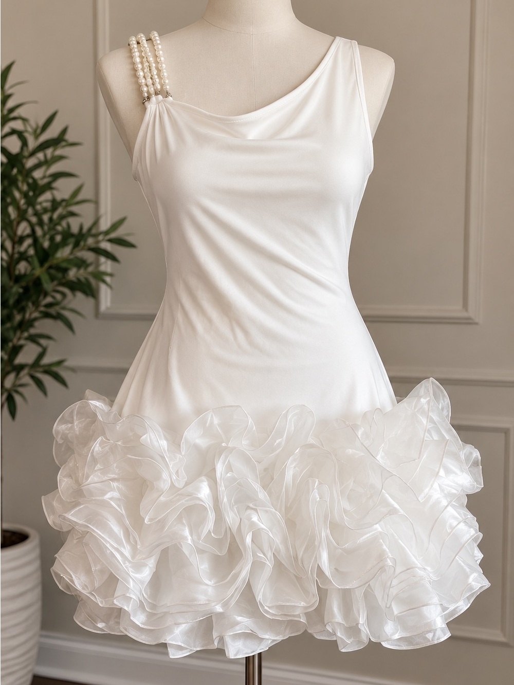 Pearl-Strap White Ruffled Hem Slip